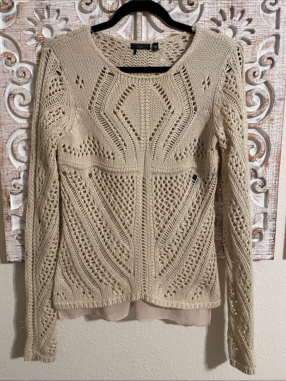 Dex Cream Open-Knit Layered Hem Sweater